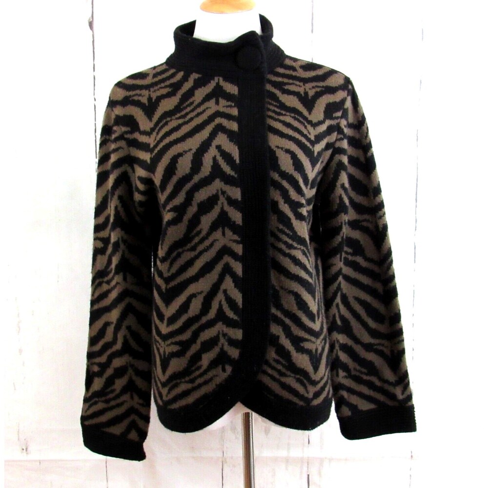 Jenny Women's One Button Front Cardigan Sweater Black Tan Animal Print Size M